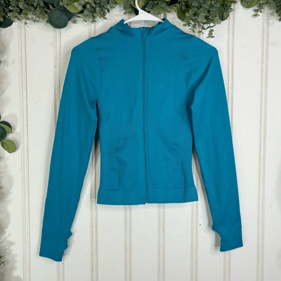 PrettyLittleThing Zip Up Athletic Jacket SMALL Teal Thumb Holes Activewear - Picture 1 of 13